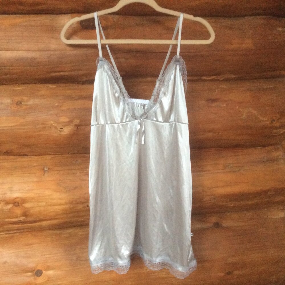 Babydoll Silver Metallic Y2K Fairycore Satin Coquette Shimmer Slip Dress Medium